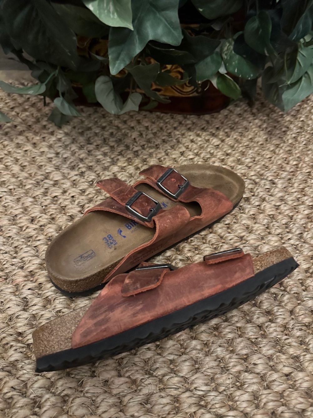 Birkenstock Brown Leather Double-Buckle Slide Sandals - Picture 9 of 12